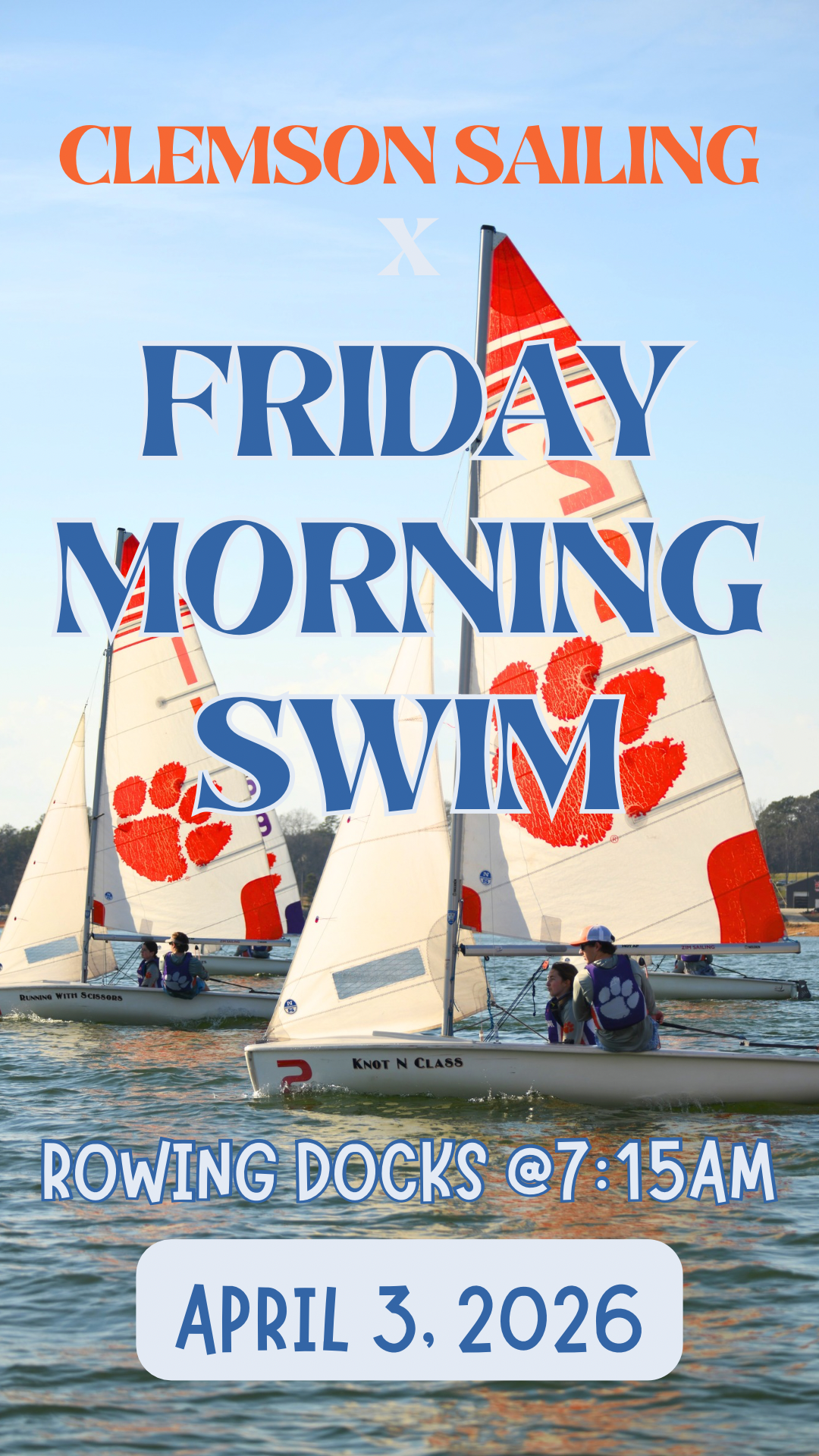 An Instagram story created in Canva showcasing a collaboration between the Clemson Sailing Club and the Friday Morning Swim to appeal to both clubs.
