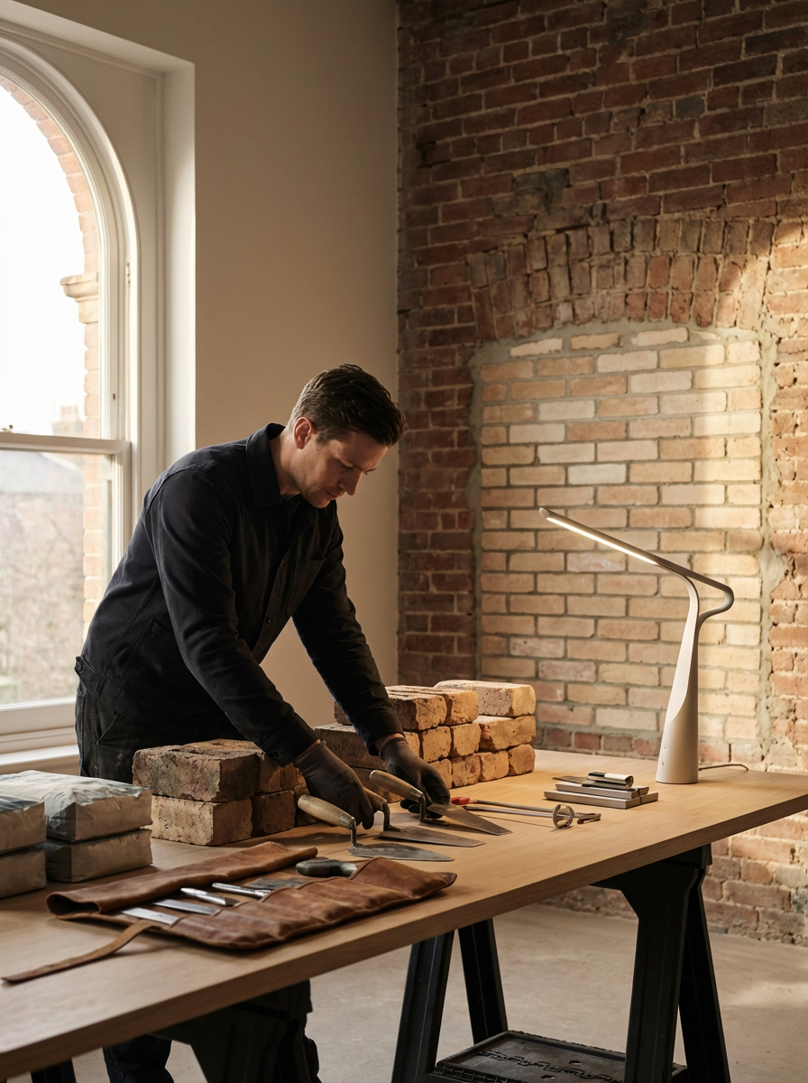 A man working with bricks on a wooden workbench in an industrial-style room with exposed brick walls, sitting by a large window.