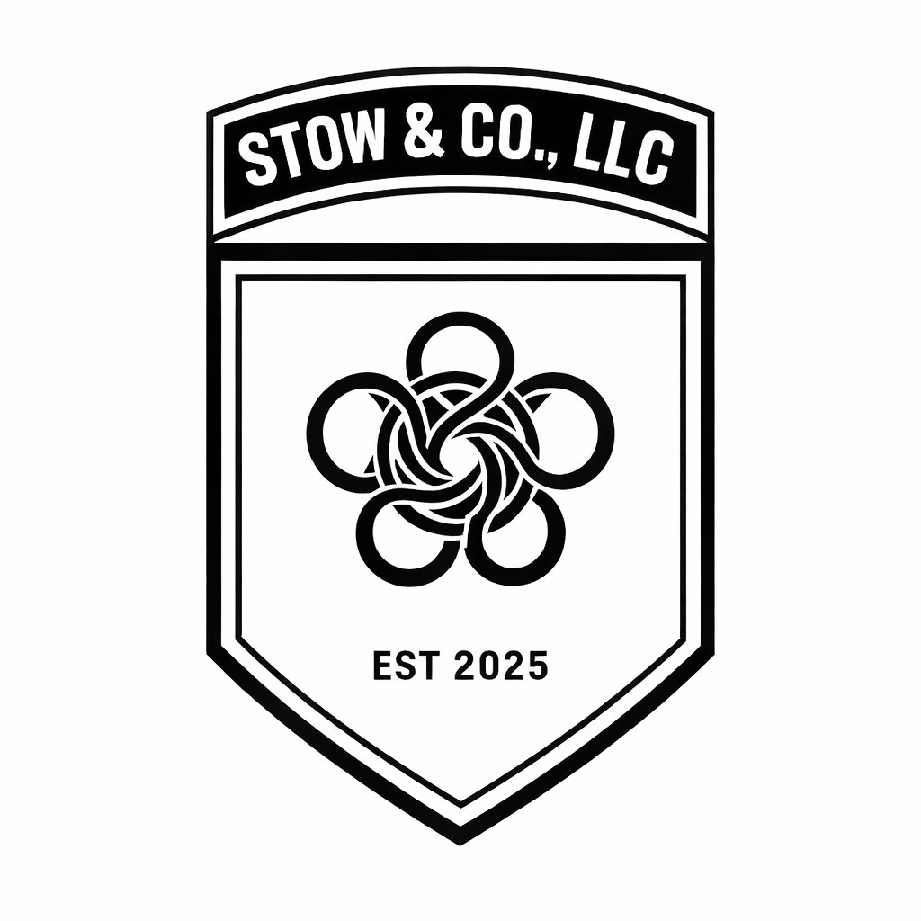 Logo for Stow & Co., LLC featuring a stylized, interwoven knot in the center, with the text "Stow & Co., LLC" above and "Est 2025" below, all within a shield-shaped outline.