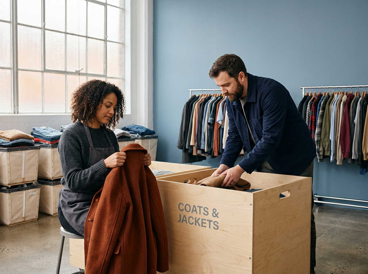 A woman and a man shop for coats and jackets in a store. The woman is holding a brown coat, and the man is sorting through clothing in a wooden bin labeled 'Coats & Jackets'.
