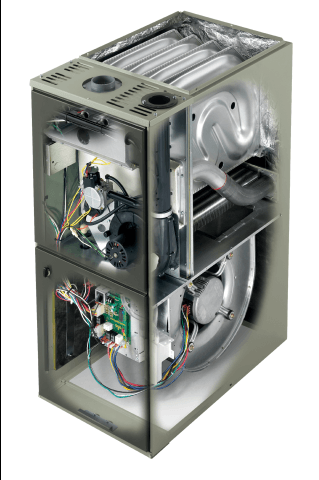 Inside view of an HVAC furnace showing internal components like fans, heat exchangers, circuit boards, and wiring.