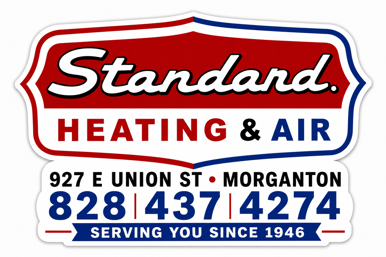 A logo for Standard Heating & Air featuring red, white, and blue colors. It displays the company name, address at 927 E Union St Morganton, and phone numbers 828-437-4274 and 828-437-4274. The logo includes a banner that says 'Serving You Since 1946.'