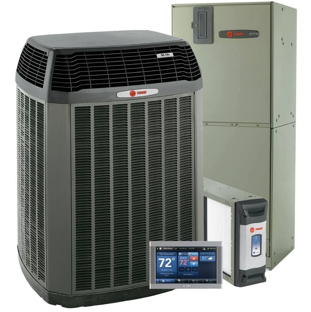 Commercial HVAC system with large air conditioning unit, control panel, and digital thermostat.