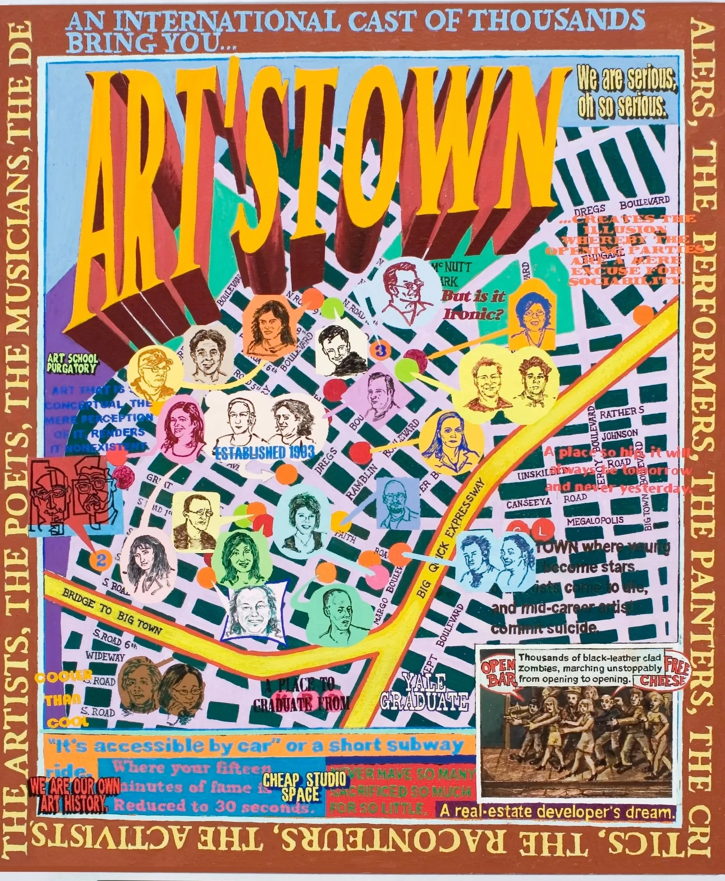 A colorful illustrated map featuring various neighborhood names and landmarks with portraits of people, street names, and quotes. Text highlights include 'An international cast of thousands bring you...', 'We are serious, oh so serious,' and 'A real estate developer's dream.' The map also mentions 'art school purgatory,' 'cheap studio space,' and 'it's accessible by car or a short subway ride.' An image of a group of marchers or protestors is visible at the bottom right.