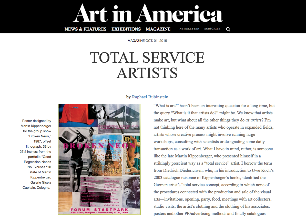 Screenshot of an article titled "Total Service Artists" in Art in America magazine, October 1, 2015. The article includes a collage artwork with various images and texts, including a person in a black and white outfit, a red coat, and a collage of di