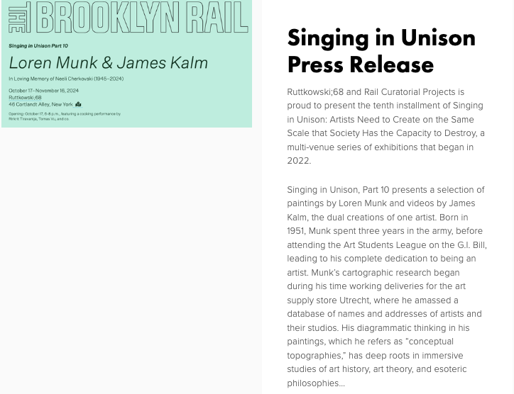  Singing In Unison, Part 10: Loren Munk/James Kalm, curated by Phong Bui and Cal McKeever, Ruttkowski;68, New York, October 17-November 16, 2024