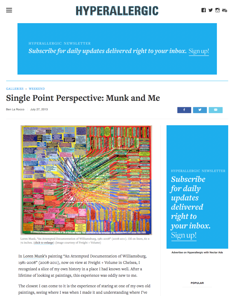 A colorful artistic diagram illustrating the connections and similarities among various artists and viewers, based on Loren Munk's painting 'An Attempted Documentation of Williamsburg, 1981-2008'.