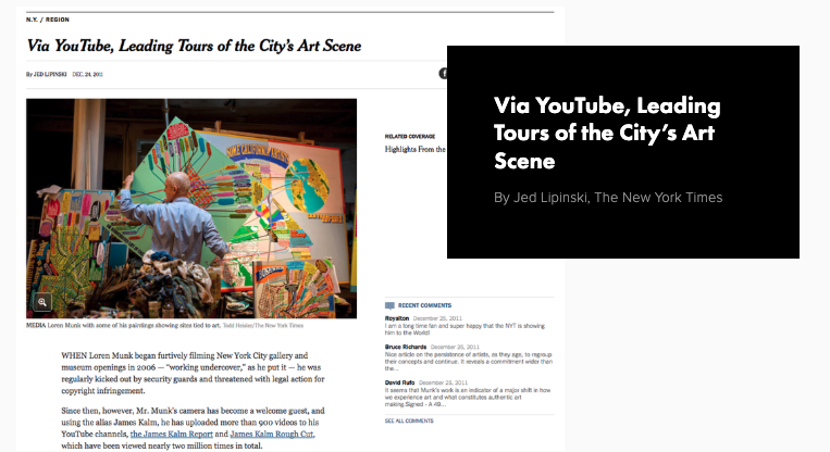 New York Times article titled "Via YouTube, Leading Tours of the City's Art Scene" by Jed Lipinski, with a photo of an artist painting a large, colorful mural in a studio surrounded by art supplies.