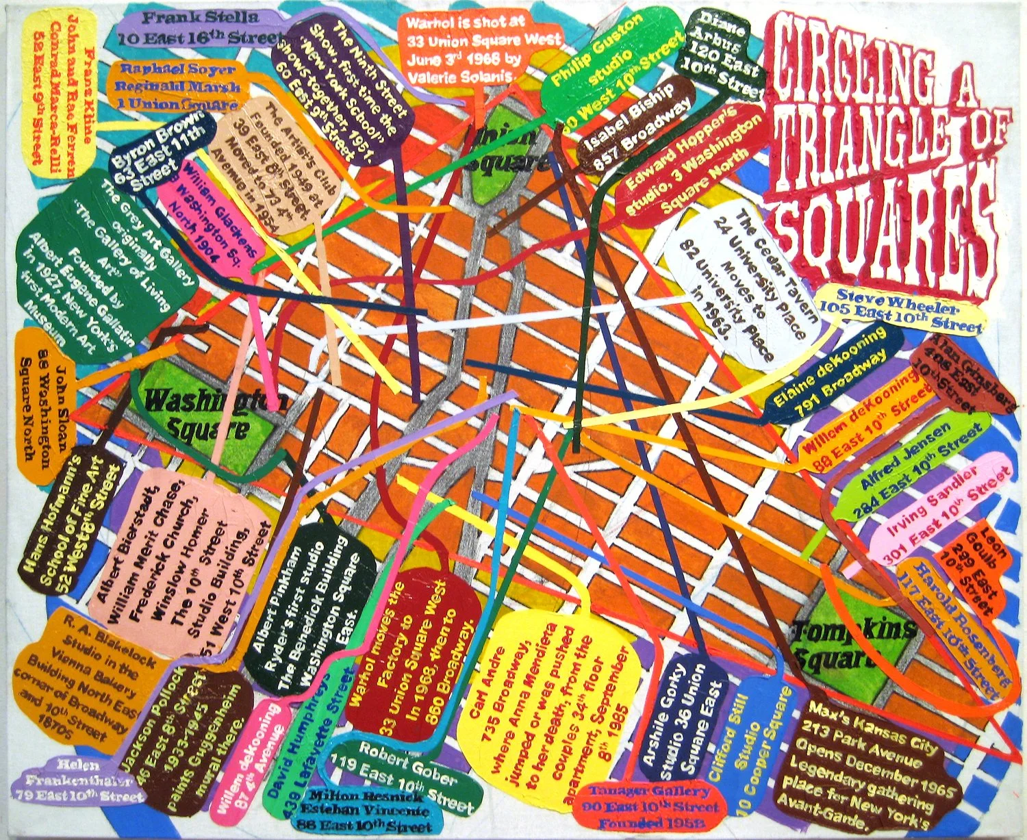 Colorful map oil painting of New York City highlighting artists who worked near Washington Square, Union Square, and Tompkins Square, entitled 'CIRCLING A TRIANGLE OF SQUARES'