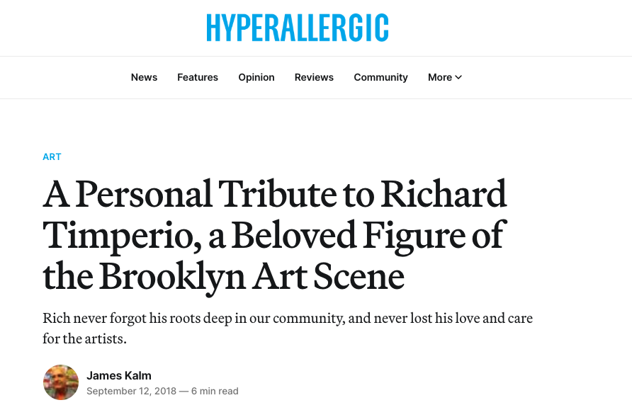 Screenshot of an online article about Richard Timperio, titled 'A Personal Tribute to Richard Timperio, a Beloved Figure of the Brooklyn Art Scene,' from the Hyperallergenic website.