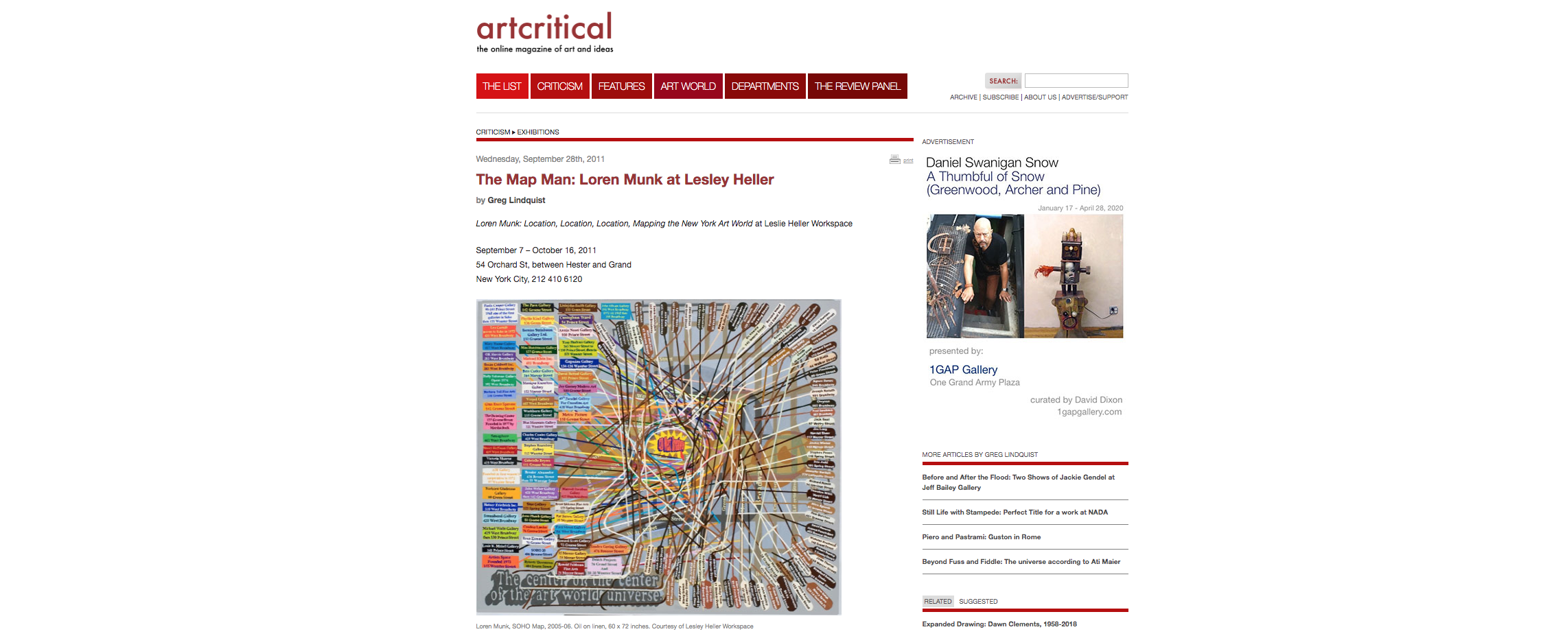 Screenshot of an art magazine webpage titled "artcritical" featuring an article about Lorenzo Munk's art piece "The Map Man" at Leslie Heller. The page includes an image of the art piece, which is a colorful map with interconnected lines and labels, 