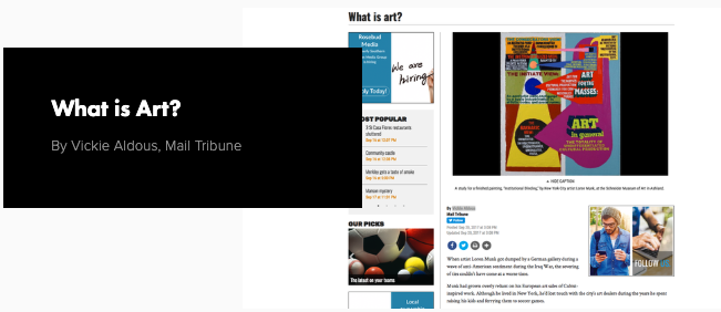 Title slide for a presentation titled "What is Art?" by Vickie Aldous, Mail Tribune.