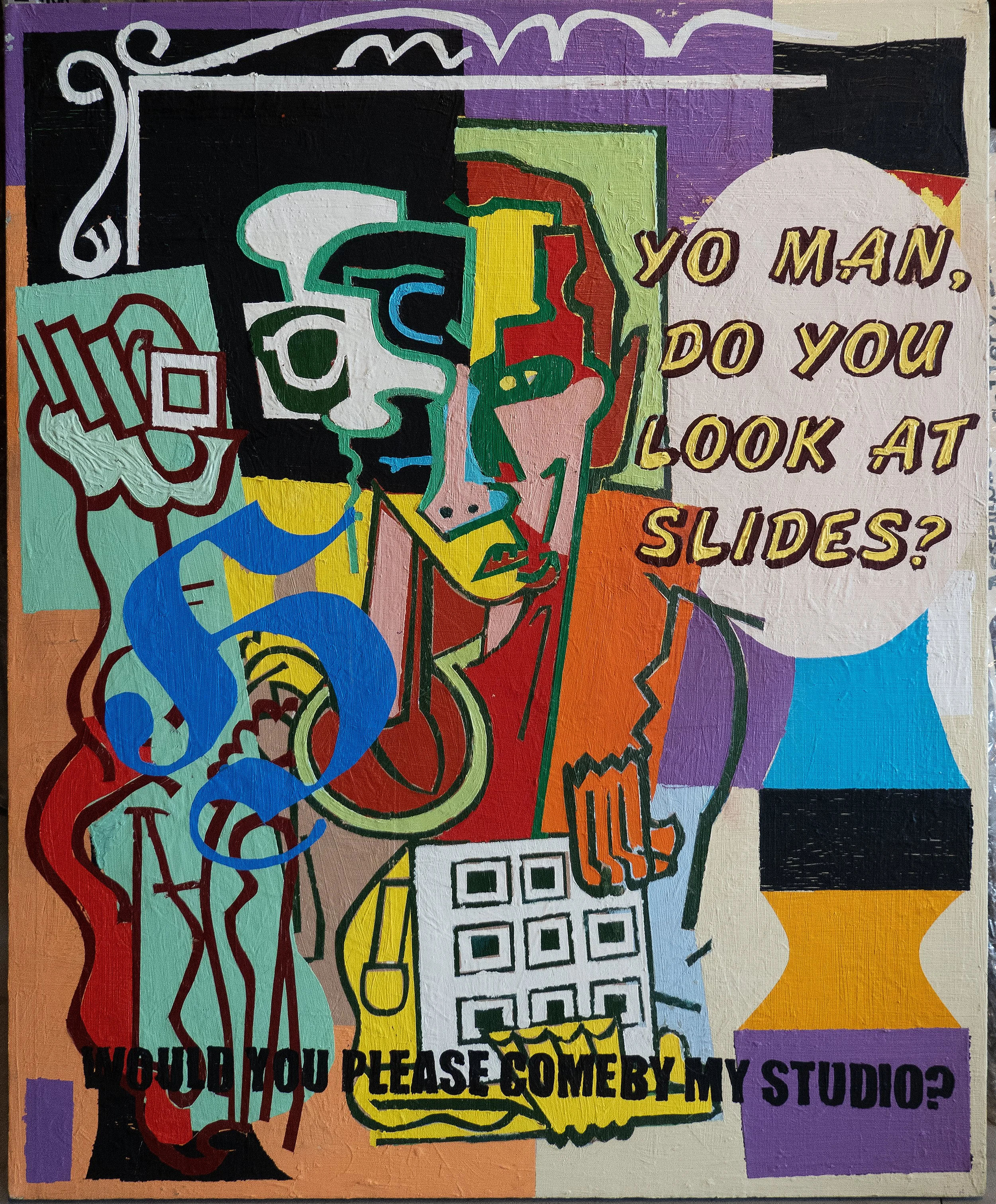 Colorful abstract artwork with various shapes, lines, and text. The text says, 'You man, do you look at slides?' and 'Would you please come by my studies?'