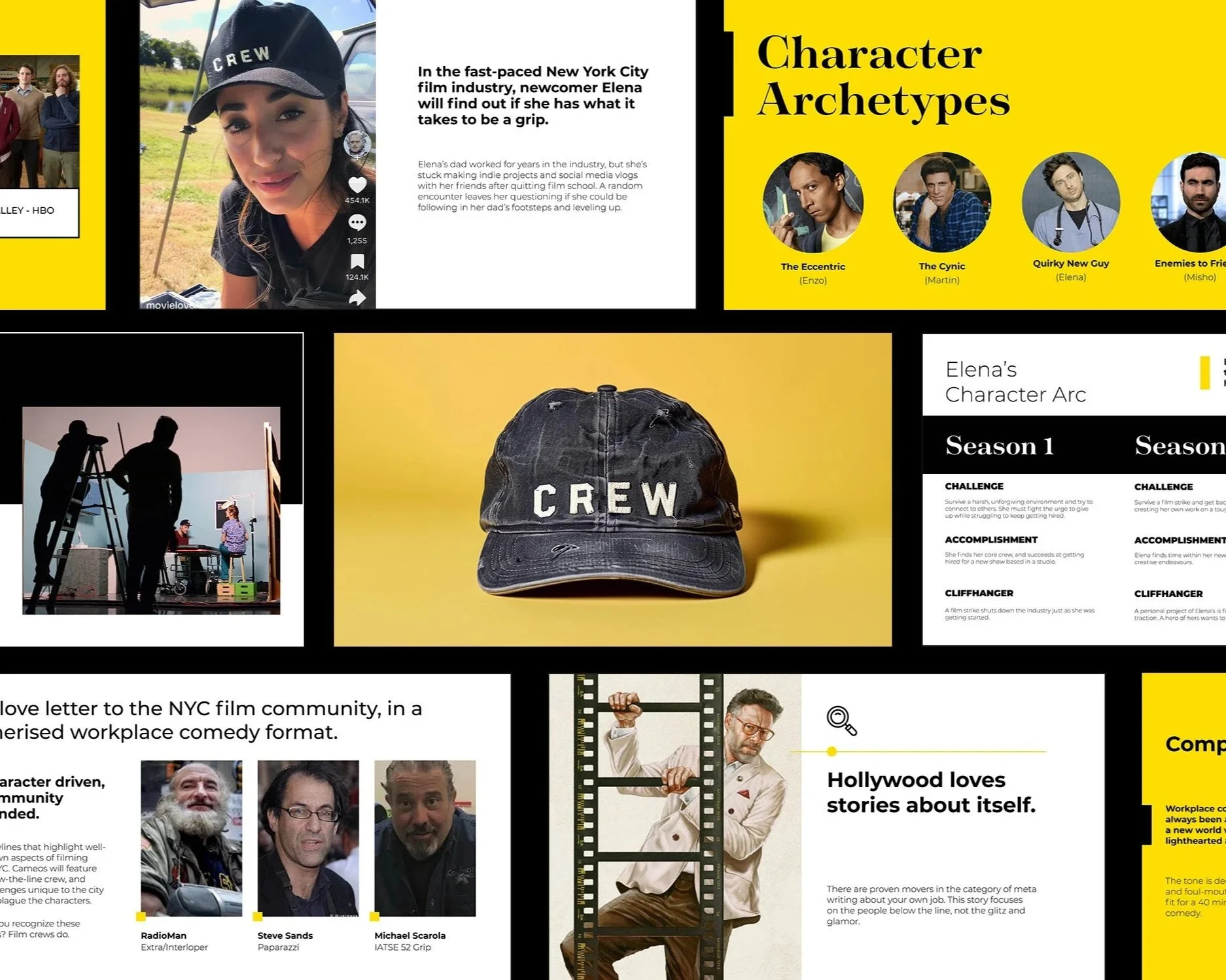 A collage of images related to the film industry and entertainment. It includes a woman in a black "CREW" cap, a behind-the-scenes shot of film crew members working, and a yellow background featuring four character archetypes from a TV series or film project, each with a description. Also visible are profile pictures of various individuals, including RadioMan, Steve Sands, and Michael Scarola.