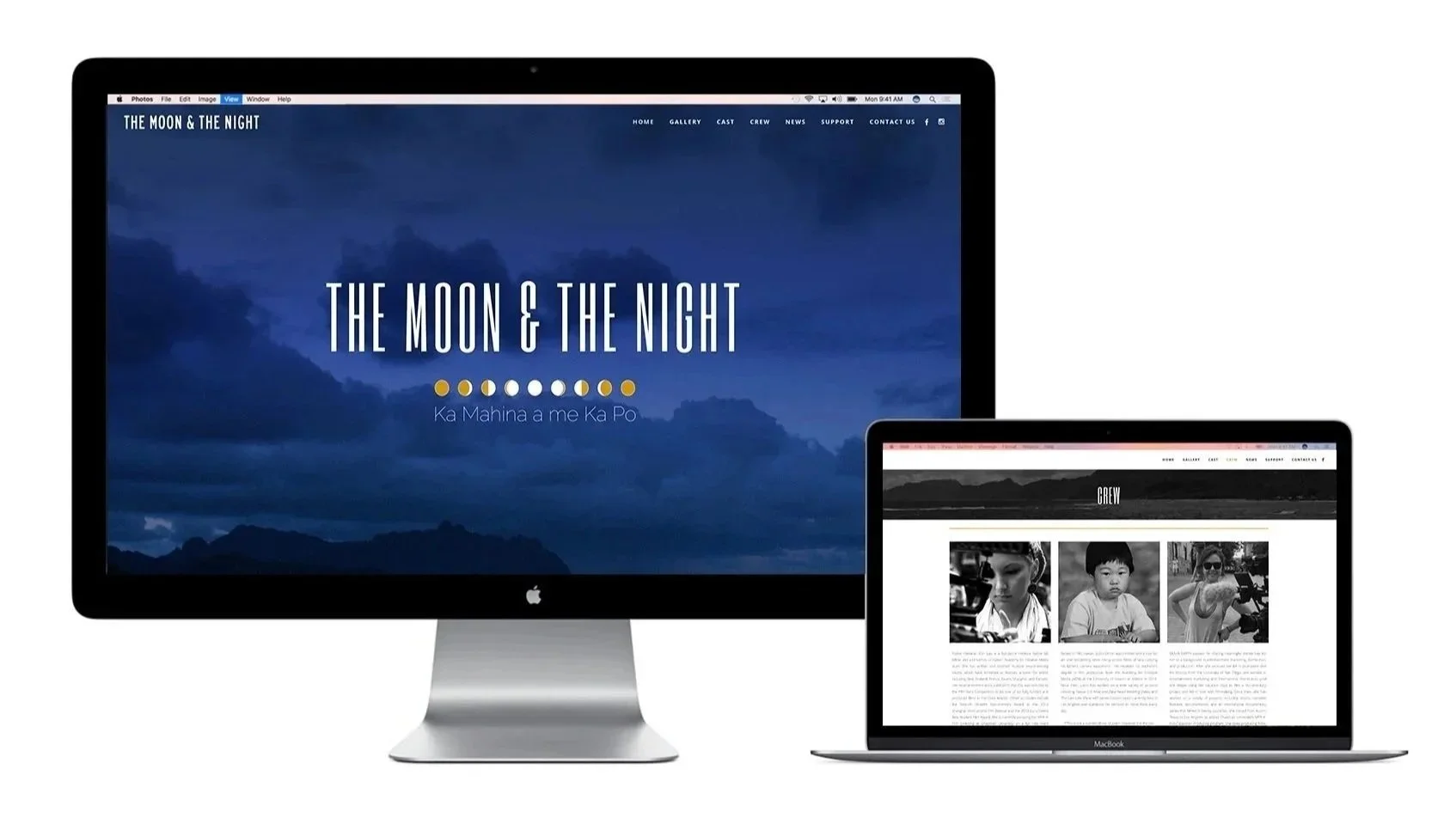 Two computers displaying websites, one iMac with a blue background titled "The Moon & The Night" and a smaller MacBook with a black-and-white photography grid.