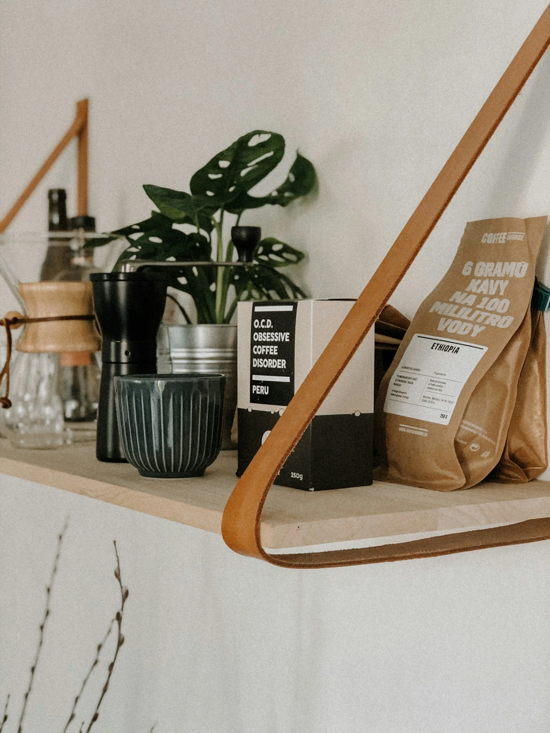 A shelf with a potted plant, a coffee grinder, a box labeled 'O.C.D. Obsessive Coffee Disorder,' and bags of Ethiopian coffee beans.