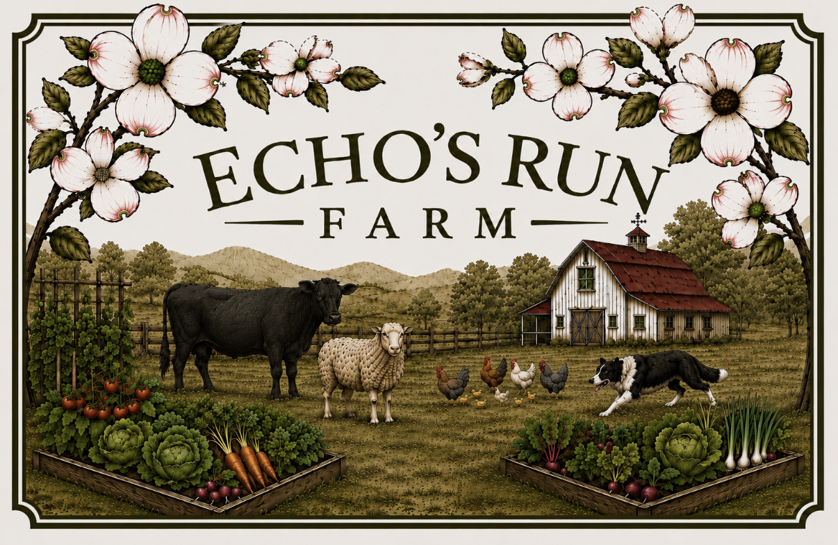 Drawing of a farm scene with flowers, vegetables, animals including a cow, sheep, chickens, and a dog, in front of a barn and mountains. The text reads 'ECHO'S RUN FARM' at the top.
