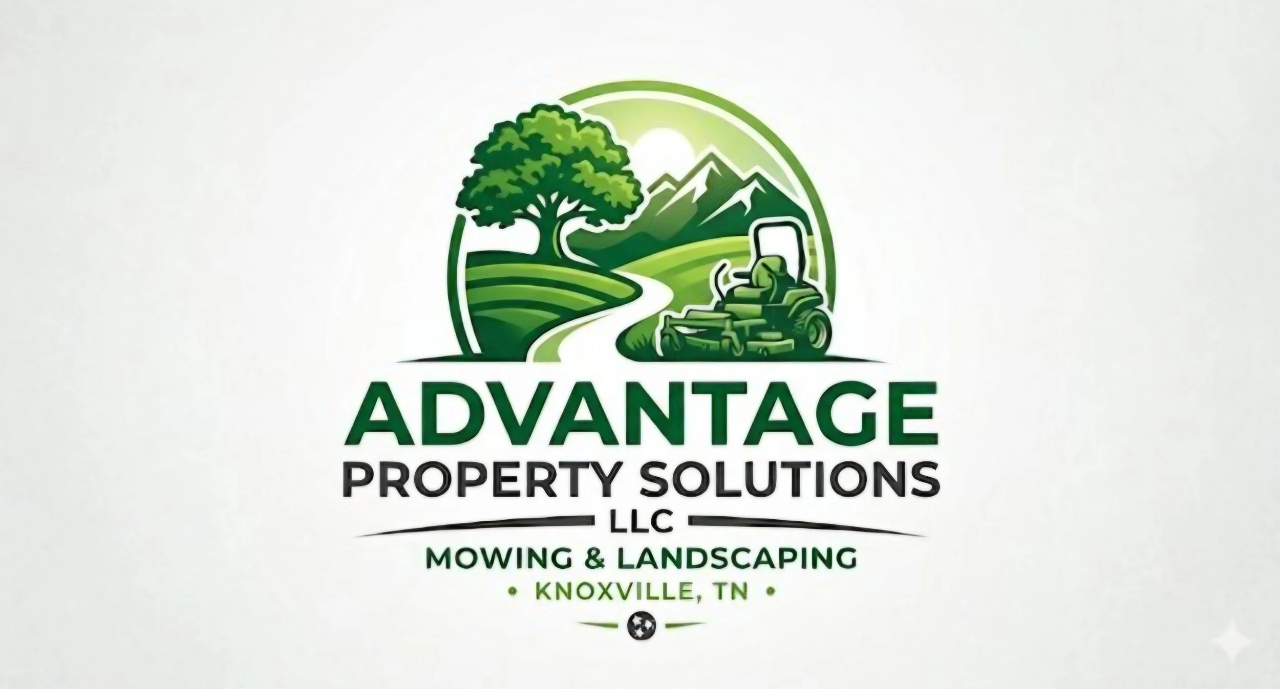 Logo for Advantage Property Solutions LLC, a landscaping business. Features a green tree, mountains, a winding path, and a lawn mower, with text for mowing and landscaping services in Knoxville, TN.