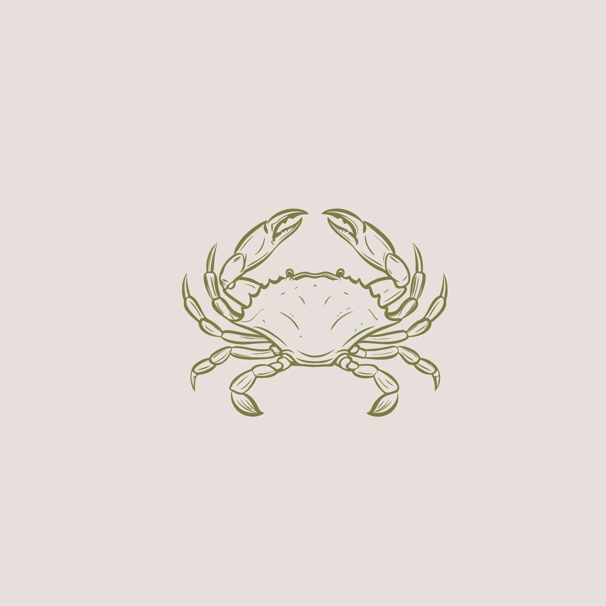 Outline drawing of a crab surrounded by a wreath of olive branches on a light background.