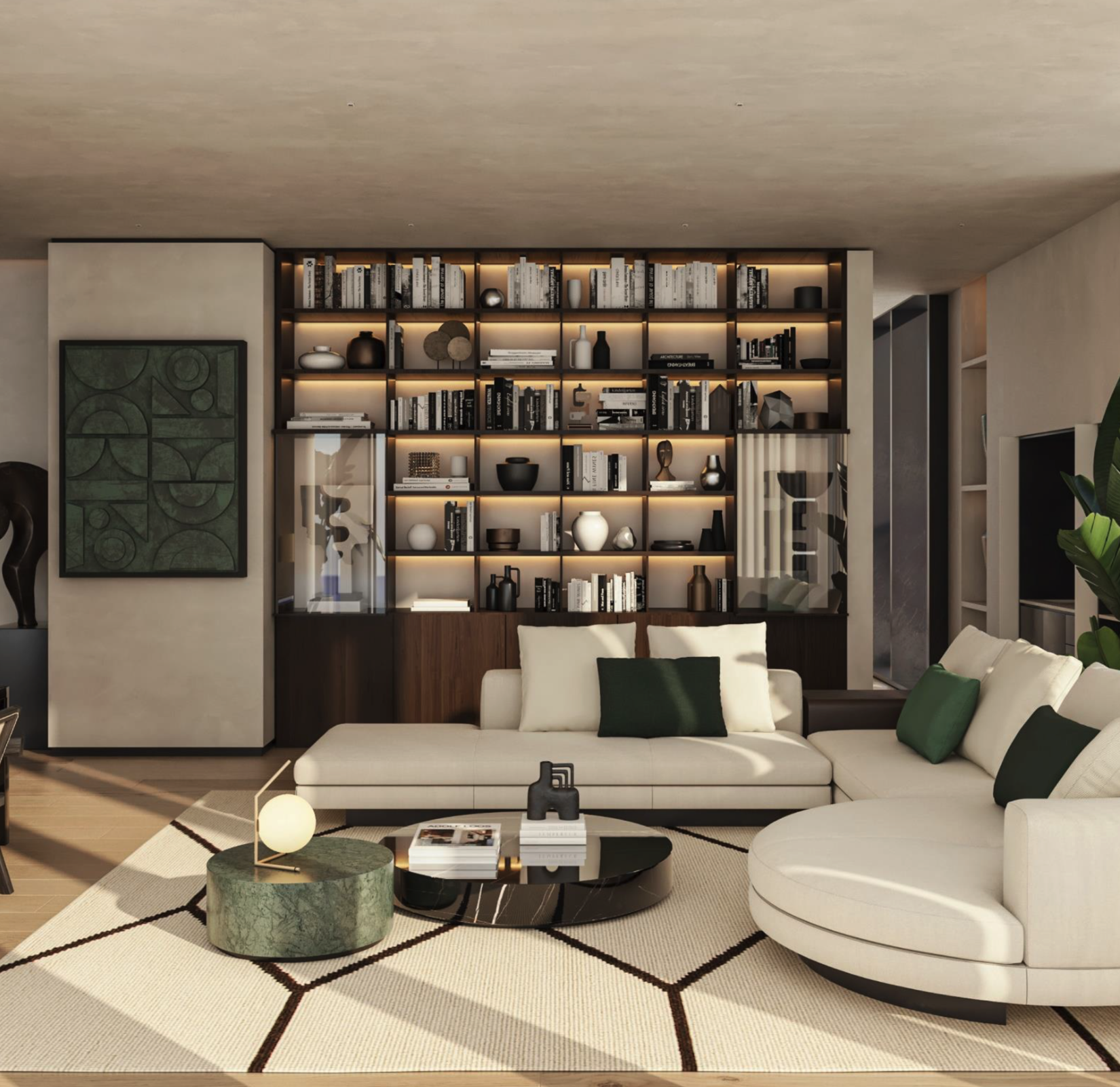 PAVA ATELIER | Island Private Residence | Living room with white sofa, black coffee table, green marble side table, and a patterned area rug, in front of a large black bookshelf with decorative objects and books, with a green plant on the right side.