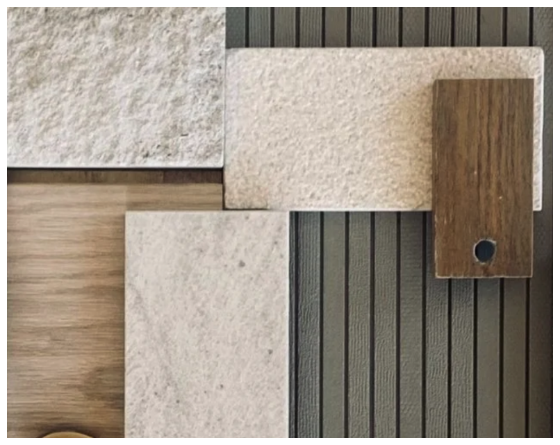 PAVA ATELIER | Sample square tiles and a small wooden plank on a slatted surface.