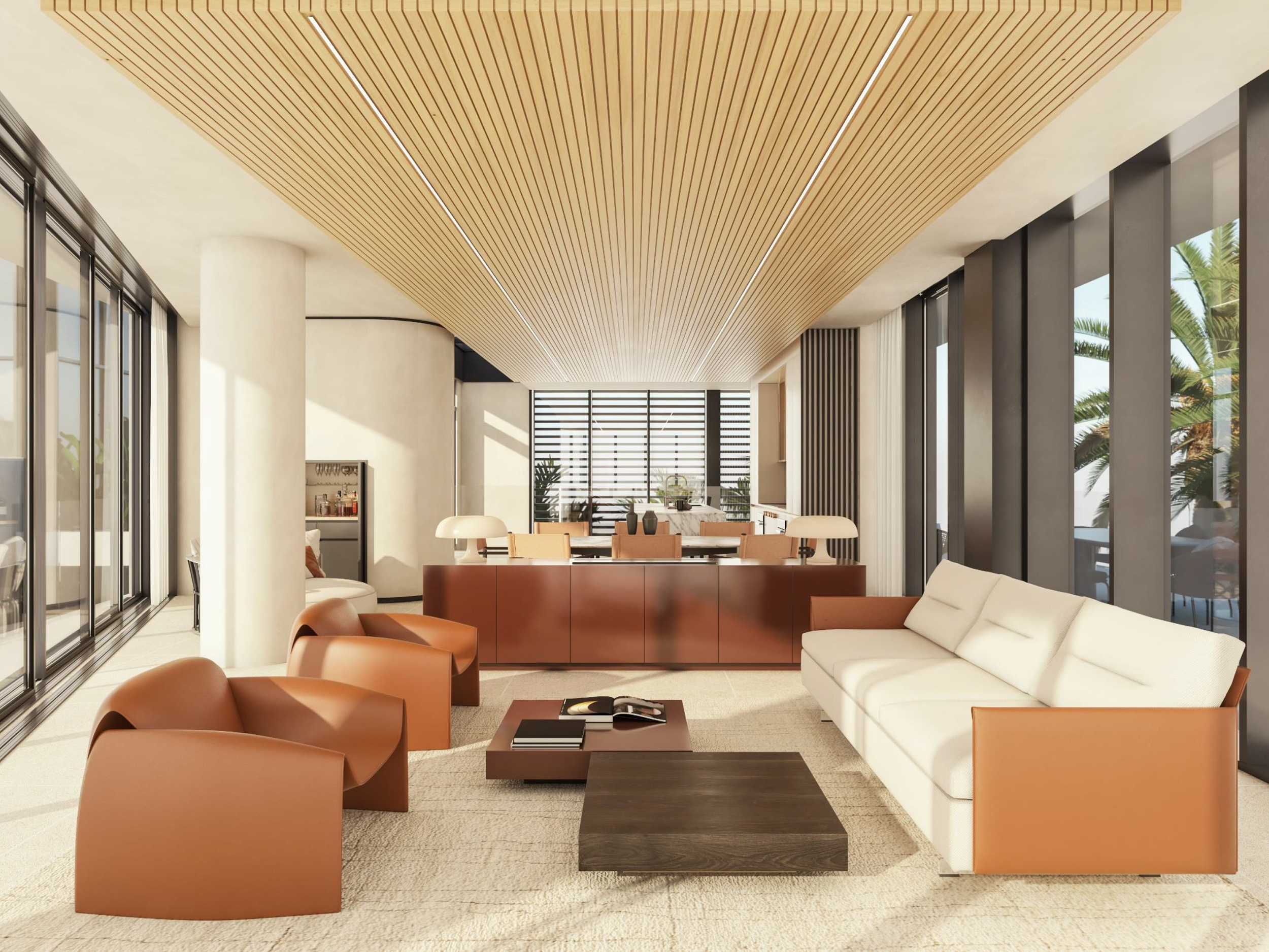 PAVA ATELIER | Island Private Residence | Modern living room with beige carpet, white sofa, orange chairs, dark wooden coffee table, and large windows with blinds showing outdoor palm trees.