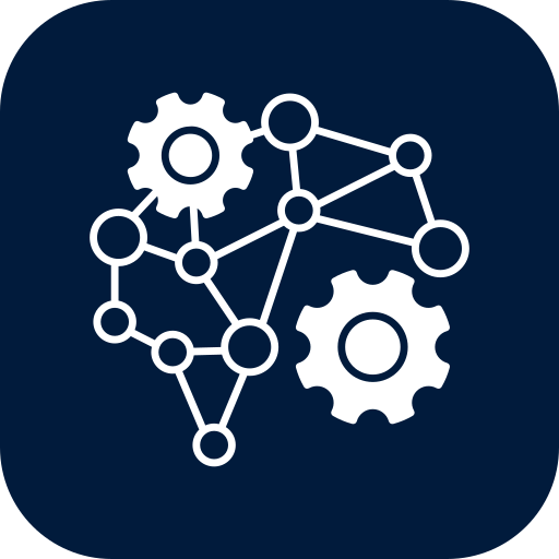 Icon of interconnected gears and nodes, representing machinery or network connections.