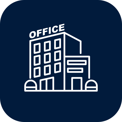Icon of a multi-story office building with the word 'OFFICE' at the top, on a dark background.