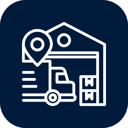 Icon representing a warehouse with a truck, location pin, and boxes.