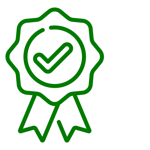 Green award badge with a check mark in the center and a ribbon hanging below.