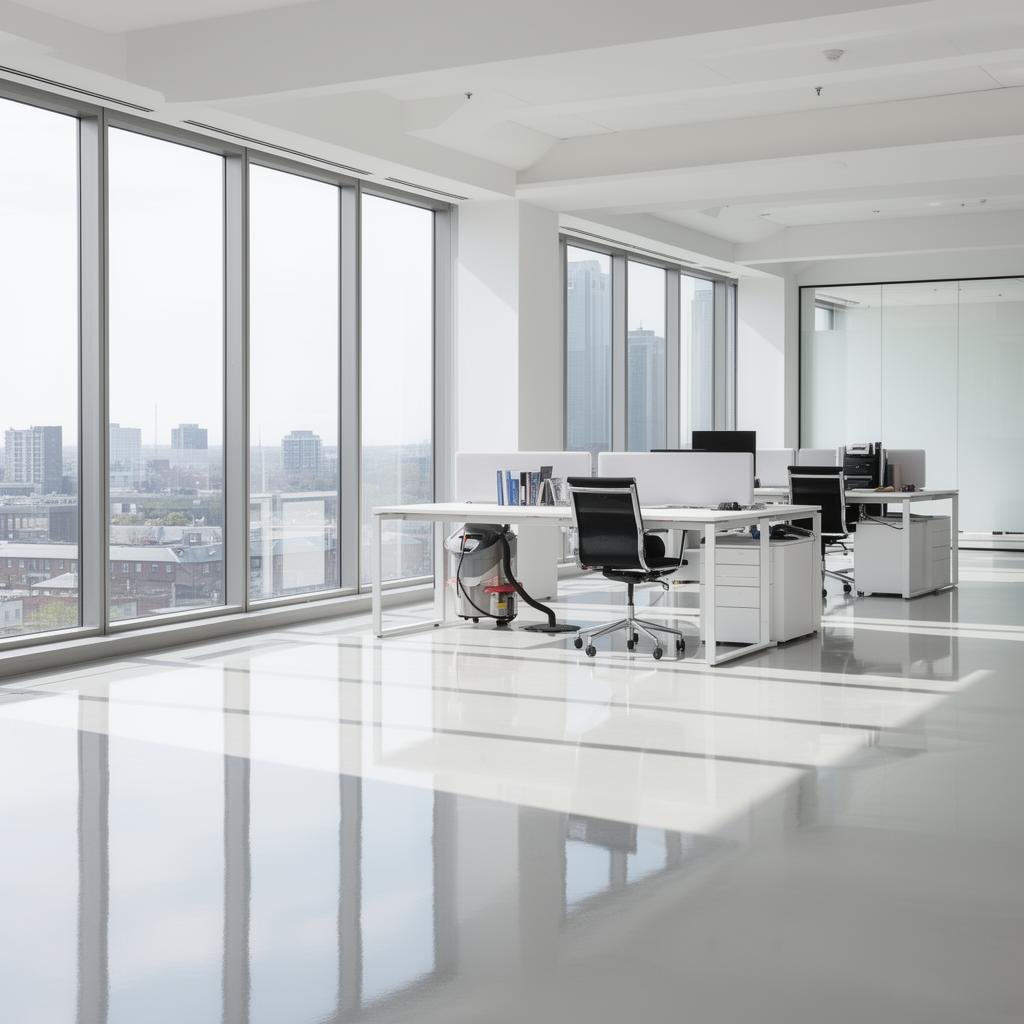 Modern office space with white desks, black chairs, large windows, and city skyline view.