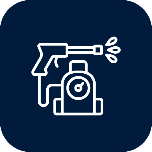 Icon of a spray bottle spraying a disinfectant or cleaner onto a device with a gauge or meter.
