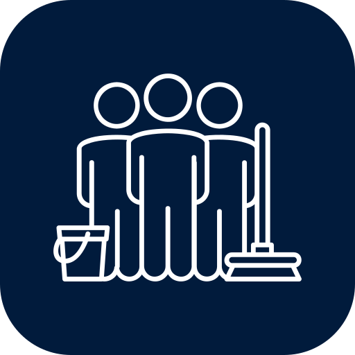 Simple line drawing of three people standing together, with cleaning equipment including a mop, bucket, and broom nearby.