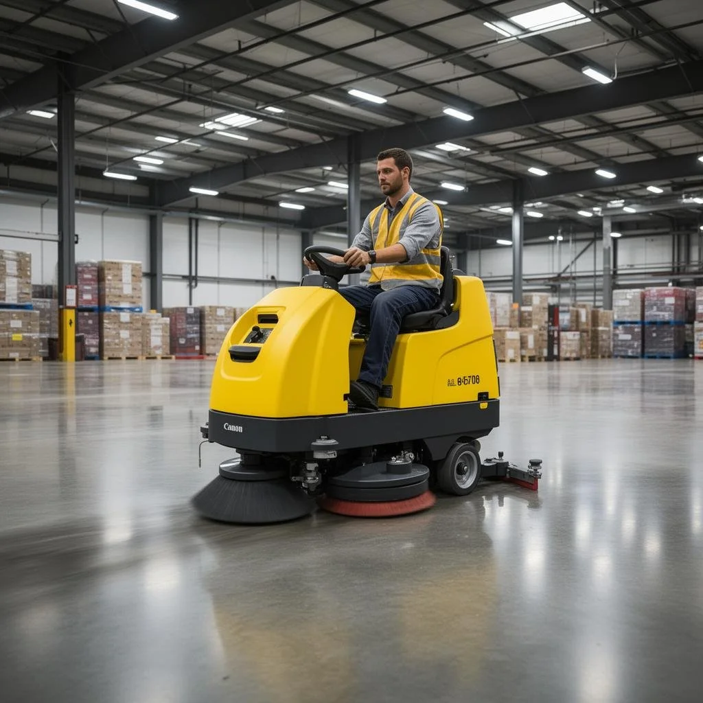 A man wearing a yellow safety vest operating a ride-on floor cleaning machine inside a large warehouse with high ceilings and stacks of boxes in the background.
