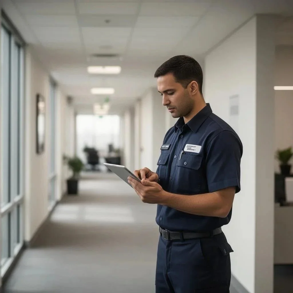 A young man dressed in a security guard uniform is standing in a modern office corridor, looking at a tablet in his hands.