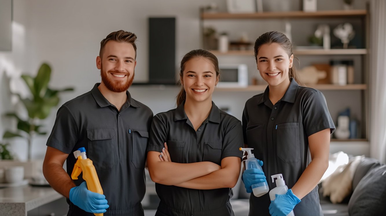 Three cleaning staff members, two women and one man, smiling and holding cleaning supplies in a modern kitchen.