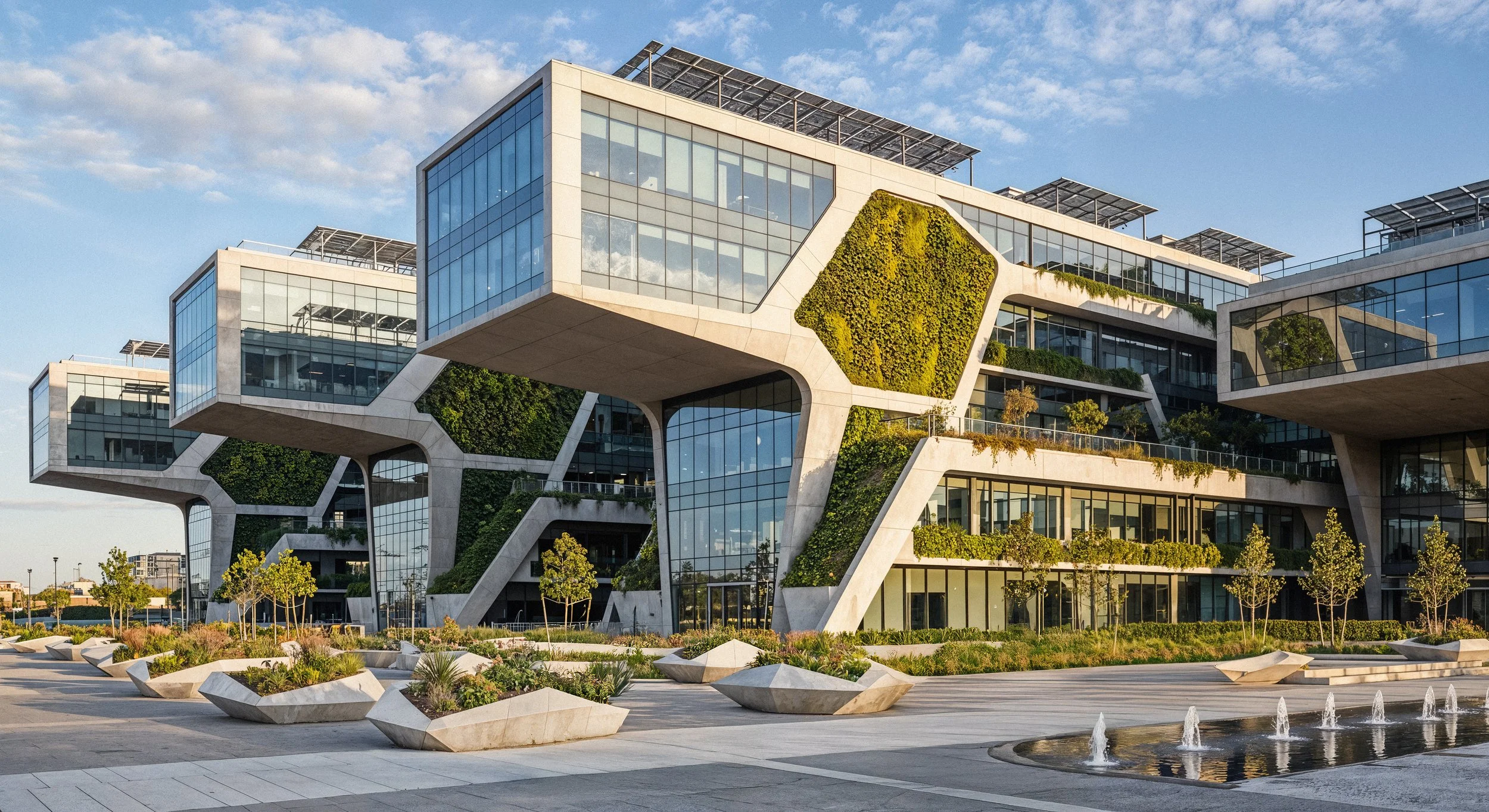 Modern building with large glass windows and unique architectural design with green rooftop gardens and hanging plants, surrounded by trees and a water fountain in the foreground.