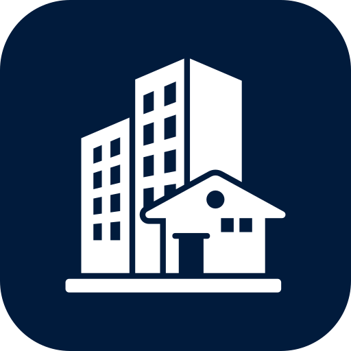 Icon of a cityscape with tall buildings and a house in front, all in white on a navy background.