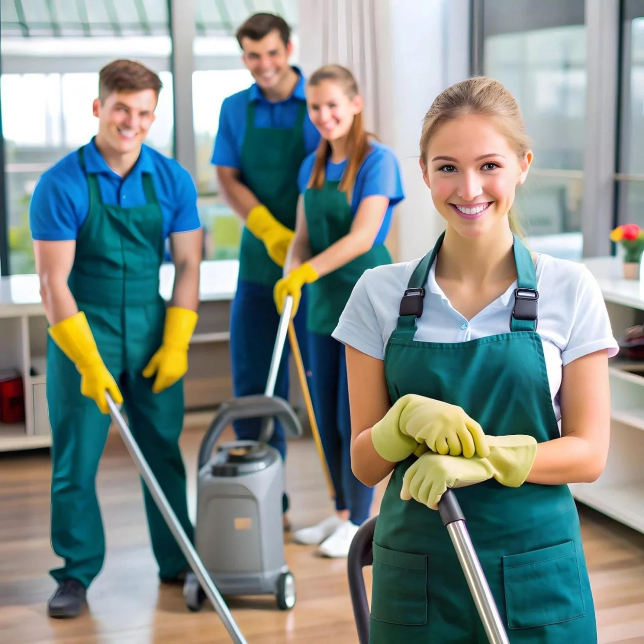A group of four young adults in cleaning uniforms with yellow gloves standing in a bright, modern room. One woman in the foreground is smiling and holding cleaning equipment, while the others stand behind her, smiling.