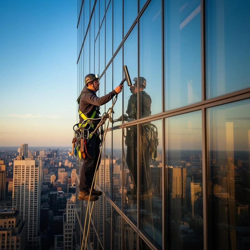 Window washers cleaning the exterior windows of a tall skyscraper in a city at sunset.