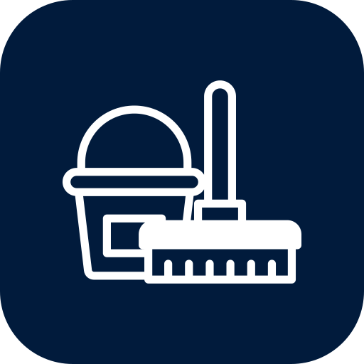 Icon of a bucket, mop, and cleaning brush on a dark background.