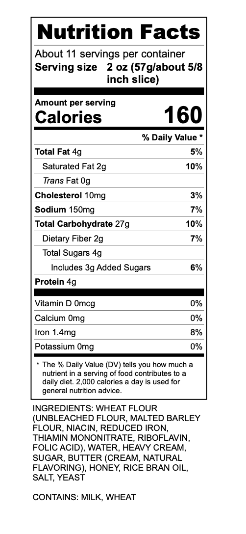 Nutrition facts label for a food product, showing about 11 servings per container, serving size 2 oz, 160 calories per serving. It lists total fat, saturated fat, trans fat, cholesterol, sodium, total carbohydrates, dietary fiber, total sugars, added sugars, protein, vitamins, minerals, ingredients including wheat flour, malted barley, and mentions milk and wheat as allergens.