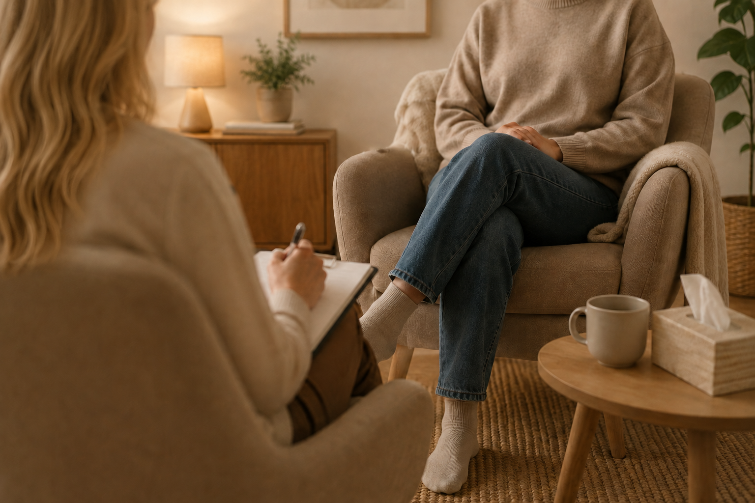 Gruppen von Menschen sitzen in einem Sitzkreis in einem gemütlichen Raum und führen ein Gespräch, während eine Person spricht.