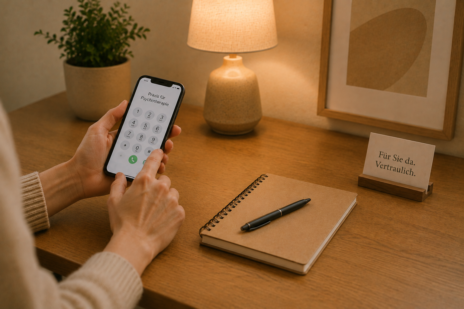 Schreibtisch mit Notizbuch, Stift, Smartphone, Kerze, Pflanze, Bücher, Stifthalter und Licht.