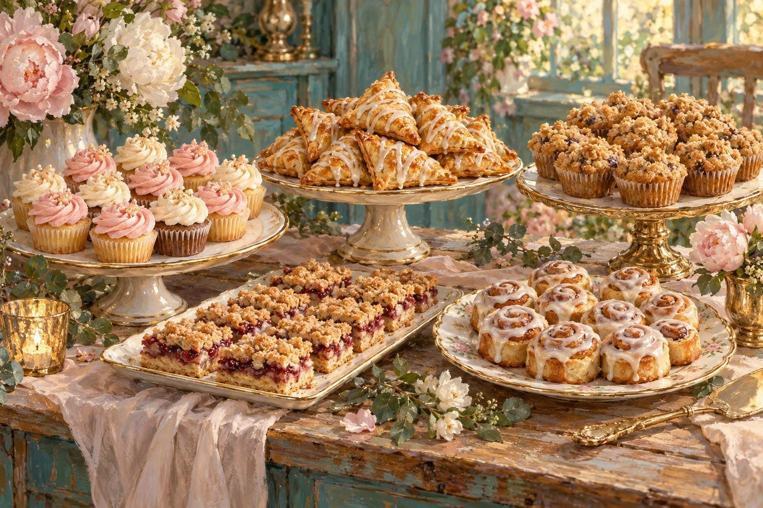 Oil painting of mini cupcakes, iced apple turnovers, streusel muffins, pie bars, and cinnamon rolls on a wedding dessert table