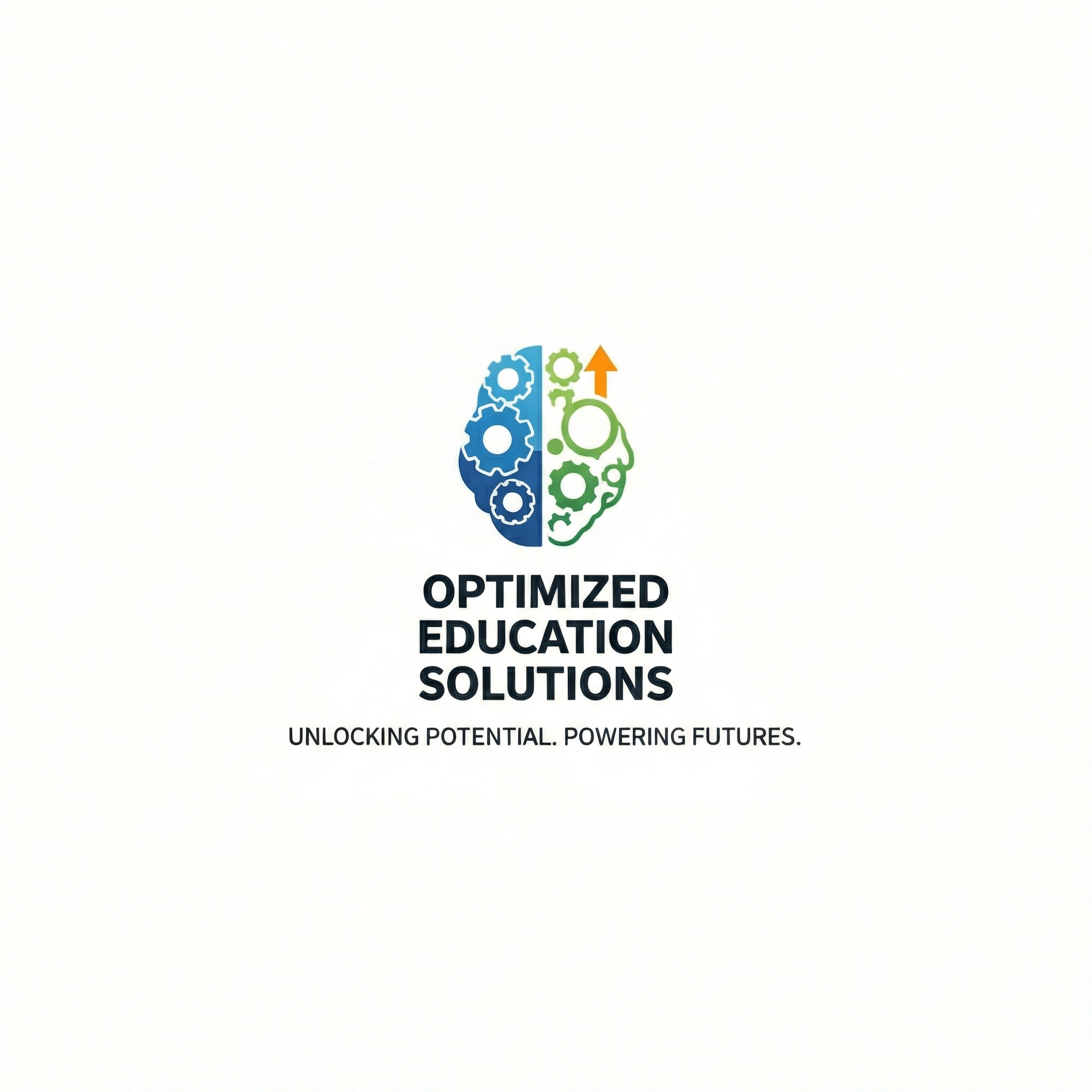 A logo featuring a blue and green gear symbol with an upward arrow, and the words 'Optimized Education Solutions' with the tagline 'Unlocking potential. Powering futures.'