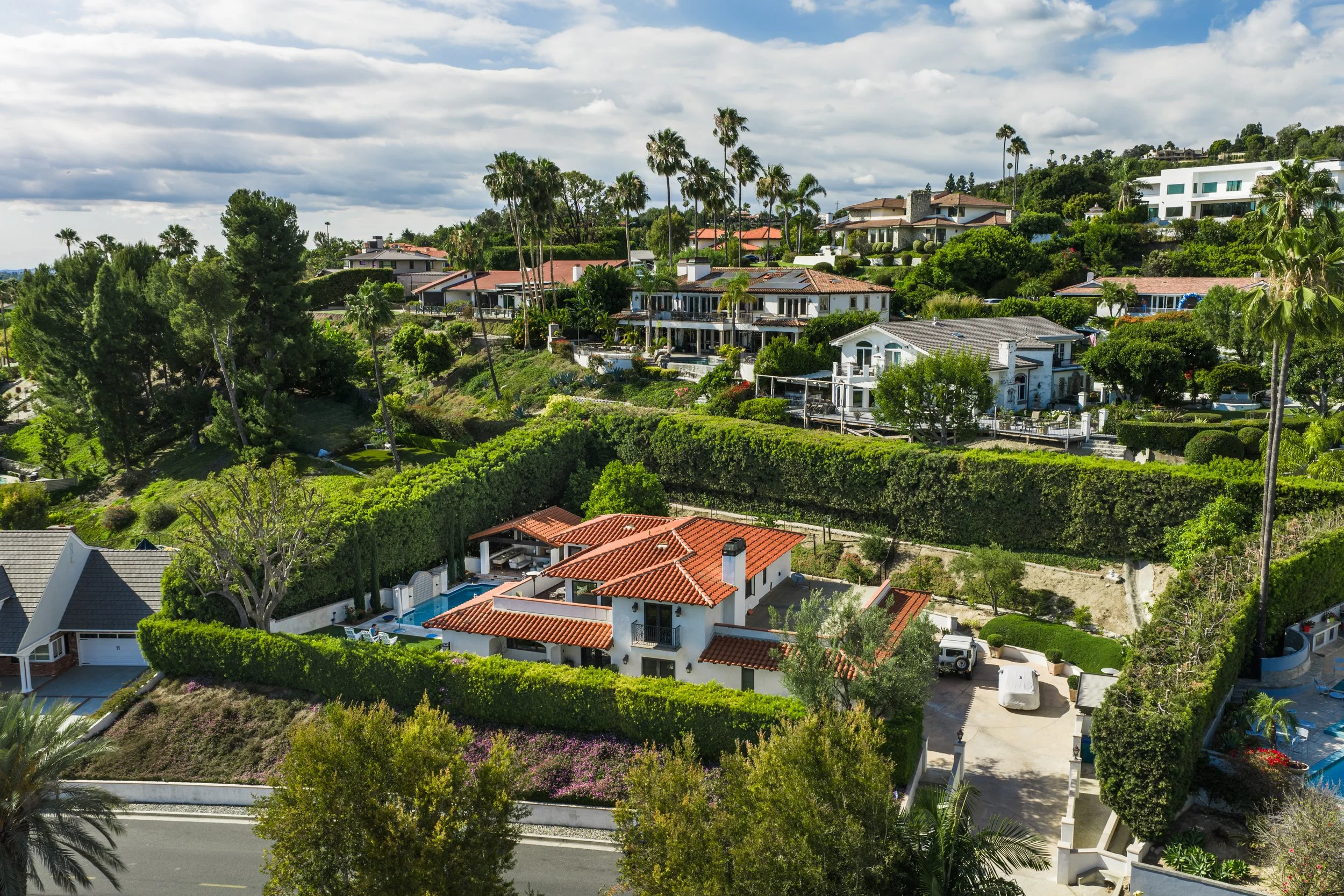 Aerial view of a hillside neighborhood with large houses, palm trees, and lush greenery under partly cloudy sky.