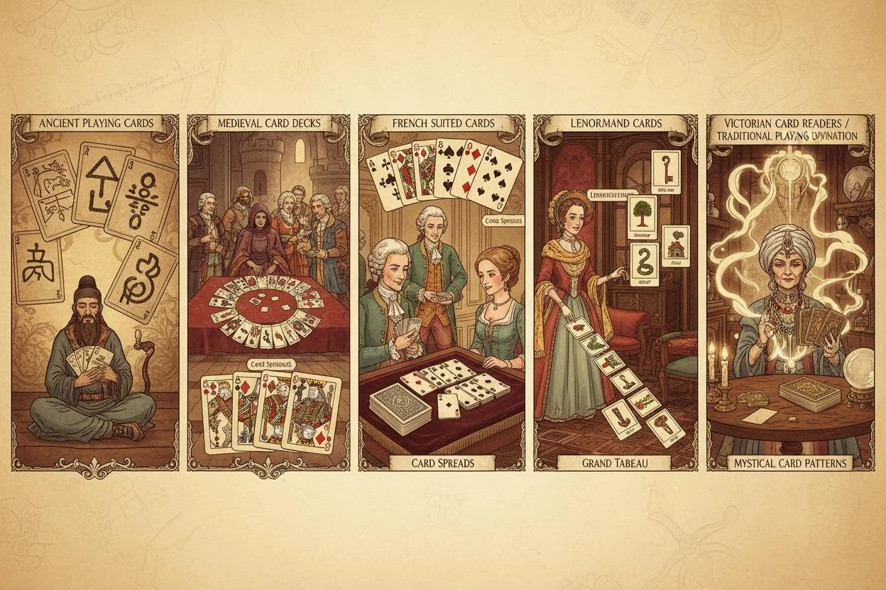 Illustration depicting different historical card game scenes, including ancient playing cards, medieval card decks, French suited cards, Lenormand cards, and Victorian card readers with mystical patterns.
