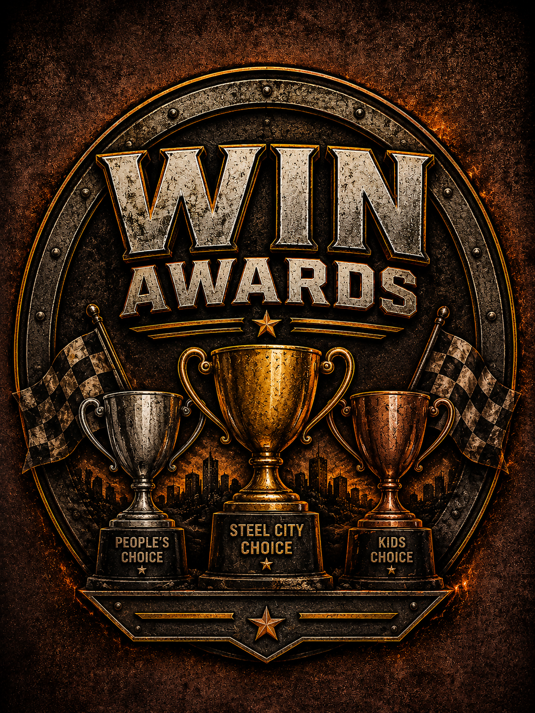 Award display with three trophies labeled People's Choice, Steel City Choice, Kids Choice, and checkered flags; background of a city skyline at dusk; circular frame with 'Win Awards' text.
