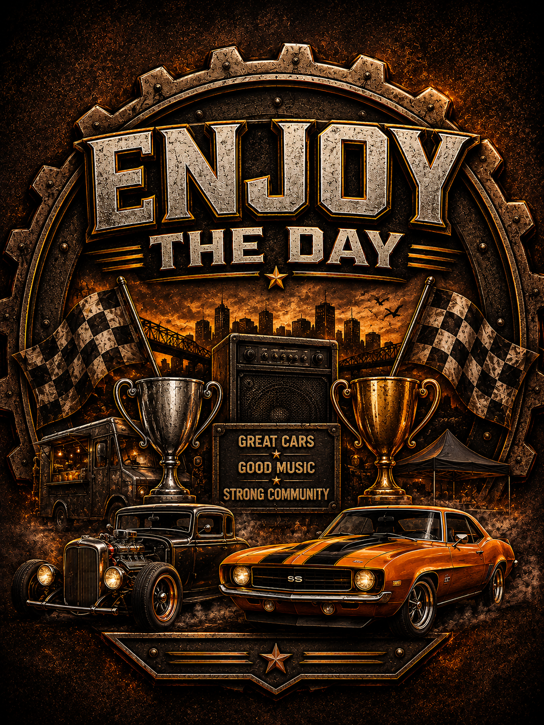 Poster with the phrase 'Enjoy the Day' in bold letters, featuring a vintage racing theme with checkered flags, classic cars, trophies, music, a city skyline, and a sunset background.